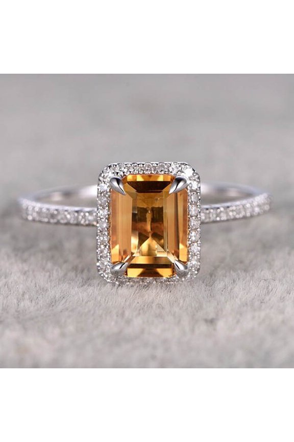 2.46 Cts Natural Citrine And Diamond Emerald Shape Halo Stacking 14k White Gold Ring