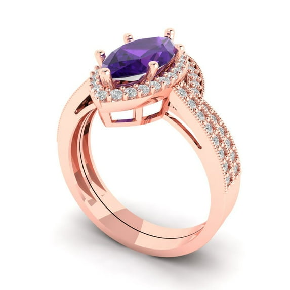 2.48 ct Brilliant Marquise Cut Natural Amethyst 14k Rose Gold Halo Solitaire with Accents Engagement Bridal Wedding Ring Band Set size 7.25