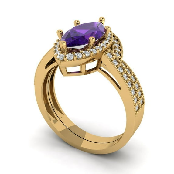 2.48 ct Brilliant Marquise Cut Natural Amethyst 18K Yellow Gold Halo Solitaire with Accents Engagement Bridal Wedding Ring Band Set size 6.75