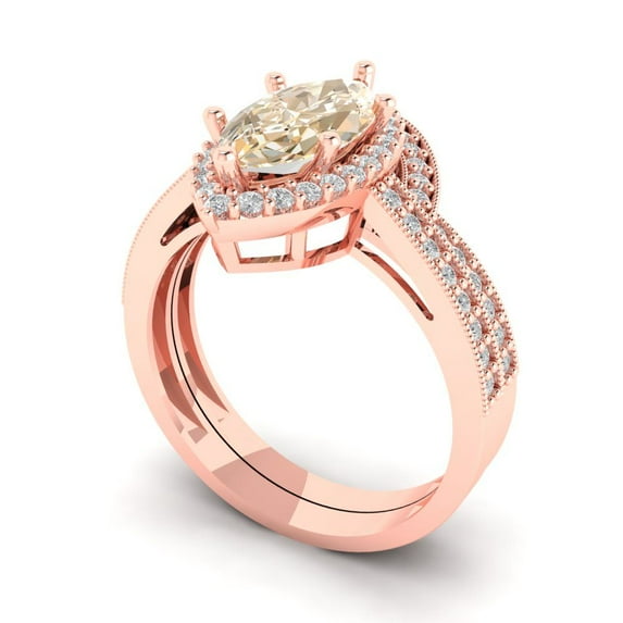 2.48 ct Brilliant Marquise Cut Natural Morganite 14k Rose Gold Halo Solitaire with Accents Engagement Bridal Wedding Ring Band Set size 8.75