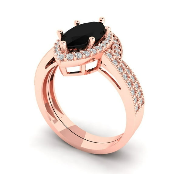 2.48 ct Brilliant Marquise Cut Natural Onyx 18K Rose Gold Halo Solitaire with Accents Engagement Bridal Wedding Ring Band Set size 9.75