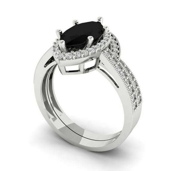 2.48 ct Brilliant Marquise Cut Natural Onyx 18K White Gold Halo Solitaire with Accents Engagement Bridal Wedding Ring Band Set size 8.5