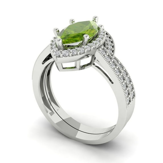2.48 ct Brilliant Marquise Cut Natural Peridot 18K White Gold Halo Solitaire with Accents Engagement Bridal Wedding Ring Band Set size 8.75