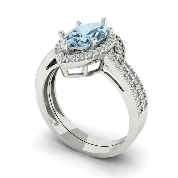 2.48 ct Brilliant Marquise Cut Blue Zircon 14k White Gold Halo Solitaire with Accents Engagement Bridal Wedding Ring Band Set size 6.75