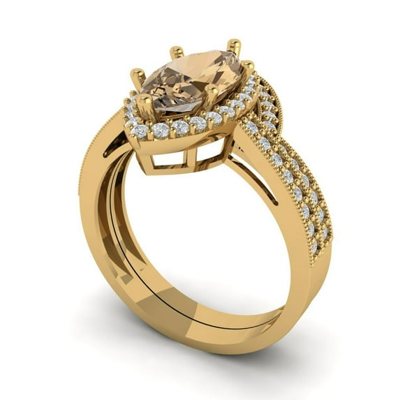 2.48 ct Brilliant Marquise Cut Champagne 18K Yellow Gold Halo Solitaire with Accents Engagement Bridal Wedding Ring Band Set size 10.75