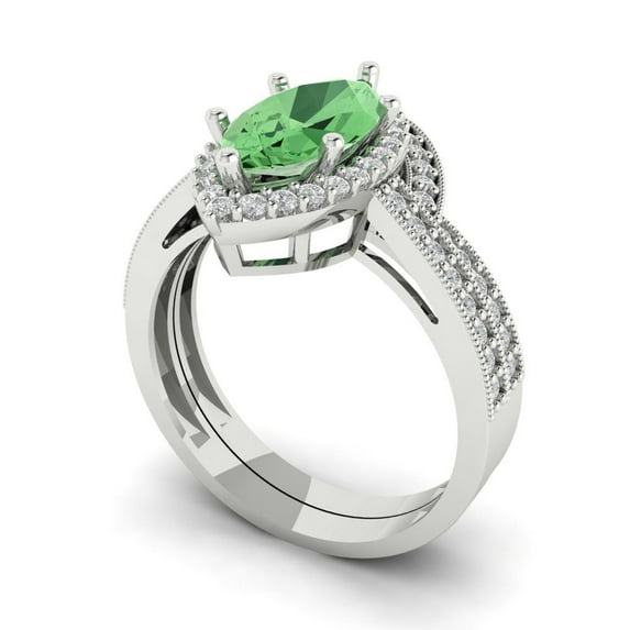 2.48 ct Brilliant Marquise Cut Green Zircon 18K White Gold Halo Solitaire with Accents Engagement Bridal Wedding Ring Band Set size 10.25