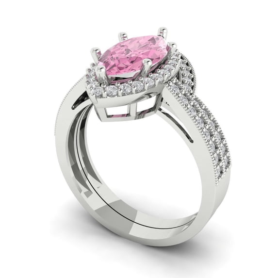 2.48 ct Brilliant Marquise Cut Pink Zircon 14k White Gold Halo Solitaire with Accents Engagement Bridal Wedding Ring Band Set size 6