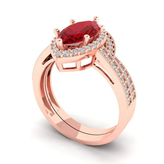 2.48 ct Brilliant Marquise Cut Ruby 14k Rose Gold Halo Solitaire with Accents Engagement Bridal Wedding Ring Band Set size 7.75