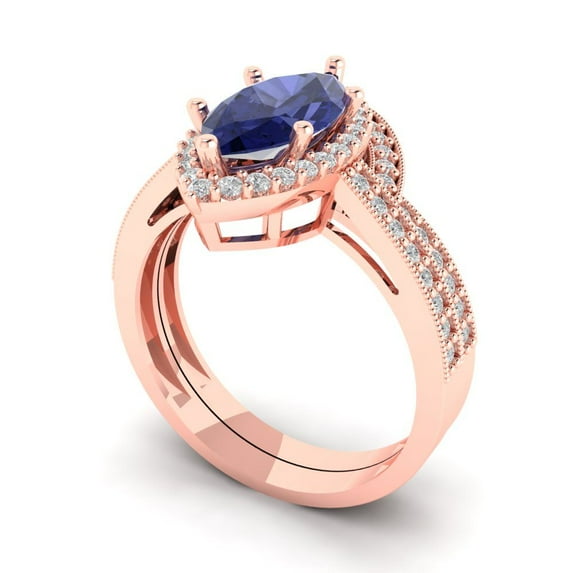 2.48 ct Brilliant Marquise Cut Tanzanite 18K Rose Gold Halo Solitaire with Accents Engagement Bridal Wedding Ring Band Set size 3.75
