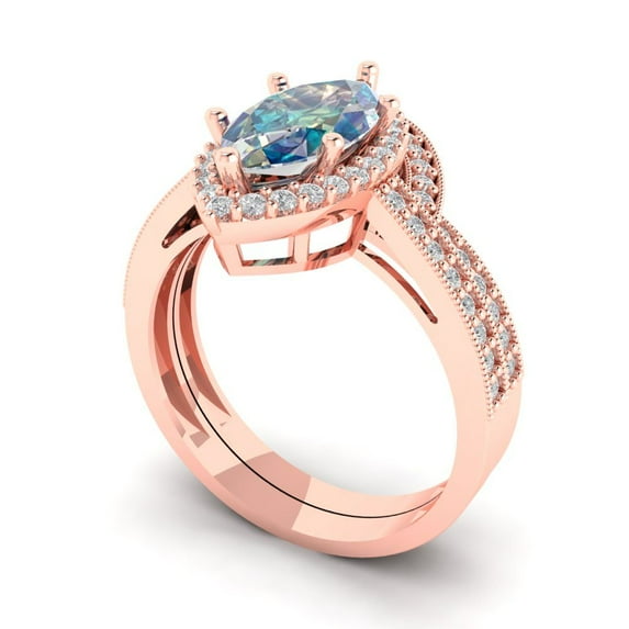 2.48 ct Brilliant Marquise Cut Blue Moissanite 14k Rose Gold Halo Solitaire with Accents Engagement Bridal Wedding Ring Band Set size 8.75