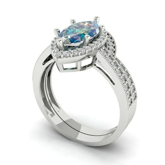 2.48 ct Brilliant Marquise Cut Blue Moissanite 14k White Gold Halo Solitaire with Accents Engagement Bridal Wedding Ring Band Set size 3.75