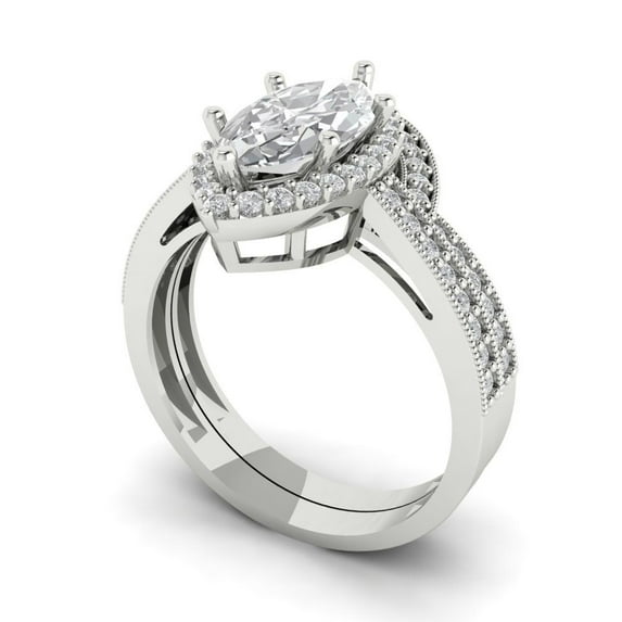 2.48 ct Brilliant Marquise Cut White Sapphire 14k White Gold Halo Solitaire with Accents Engagement Bridal Wedding Ring Band Set size 7.25
