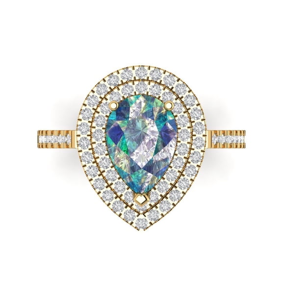 2.48 ctw with Simulated Diamond Halo Accents Anniversary Ring for Women | Pear Cut Blue Moissanite | Hyperallergenic Solid 18K Yellow Gold