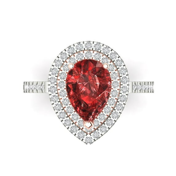 2.48 ctw with Simulated Diamond Halo Accents Anniversary Ring for Women | Pear Cut Natural Garnet | Hyperallergenic Solid 18K White/Rose Gold