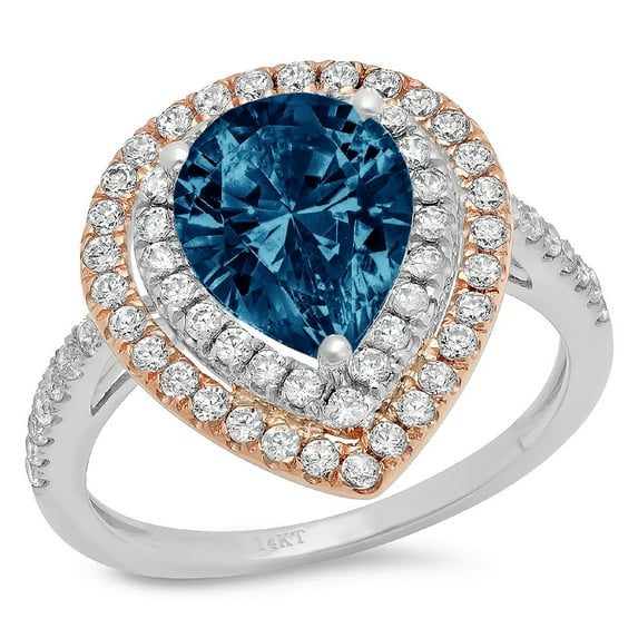 2.48 ct Pear Cut Natural London Blue Topaz with Simulated Diamond Halo Accents 18K White/Rose Gold Womens Engagement Ring