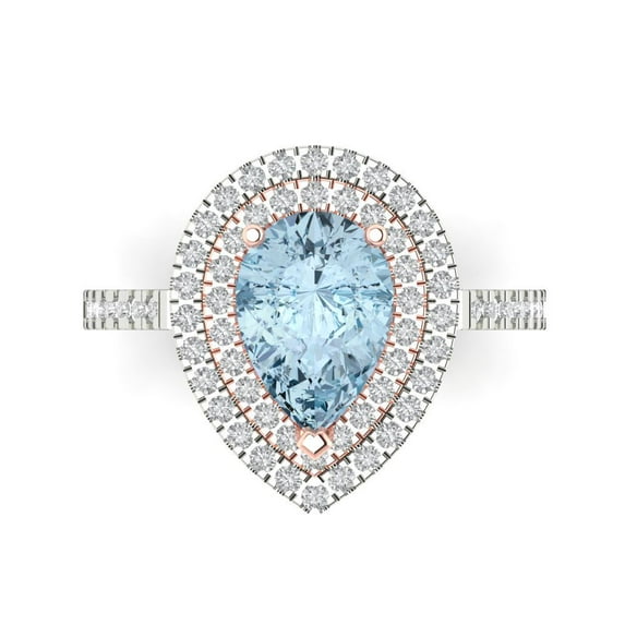 2.48 ctw with Simulated Diamond Halo Accents Anniversary Ring for Women | Pear Cut Natural Sky Blue Topaz | Hyperallergenic Solid 14K White/Rose Gold