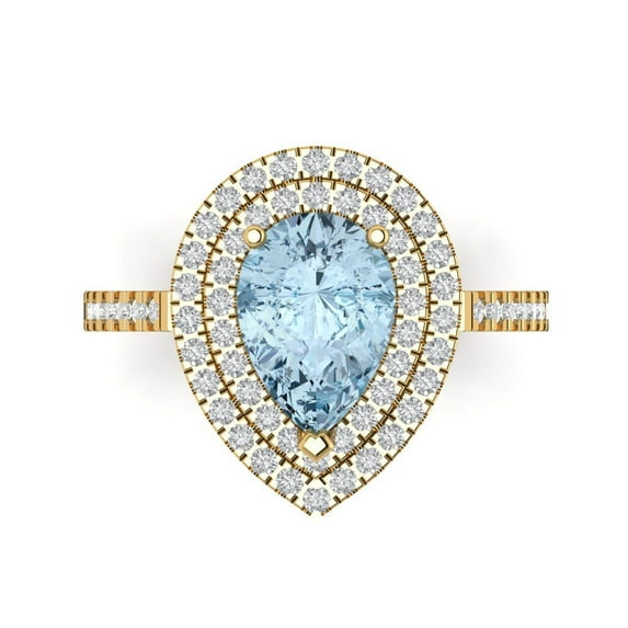 2.48 ctw with Simulated Diamond Halo Accents Anniversary Ring for Women | Pear Cut Natural Sky Blue Topaz | Hyperallergenic Solid 18K Yellow Gold
