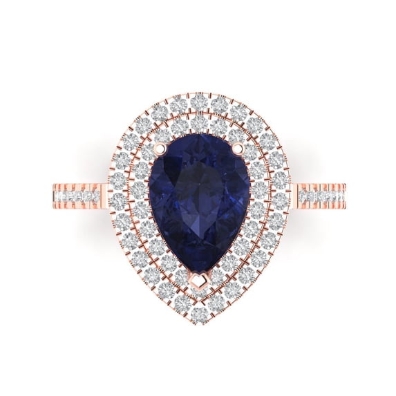 2.48 ct Pear Cut Simulated Blue Sapphire with Simulated Diamond Halo Accents 18K Rose Gold Womens Engagement Ring