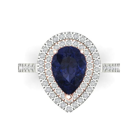 2.48 ct Pear Cut Simulated Blue Sapphire with Simulated Diamond Halo Accents 18K White/Rose Gold Womens Engagement Ring