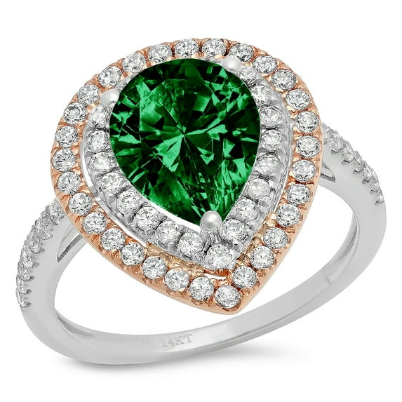 2.48 ct Pear Cut Simulated Emerald with Simulated Diamond Halo Accents 14K White/Rose Gold Womens Engagement Ring