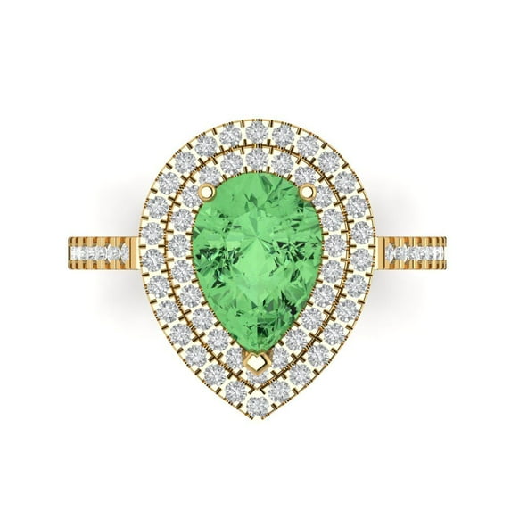 2.48 ct Pear Cut Simulated Green Diamond with Simulated Diamond Halo Accents 14K Yellow Gold Womens Engagement Ring