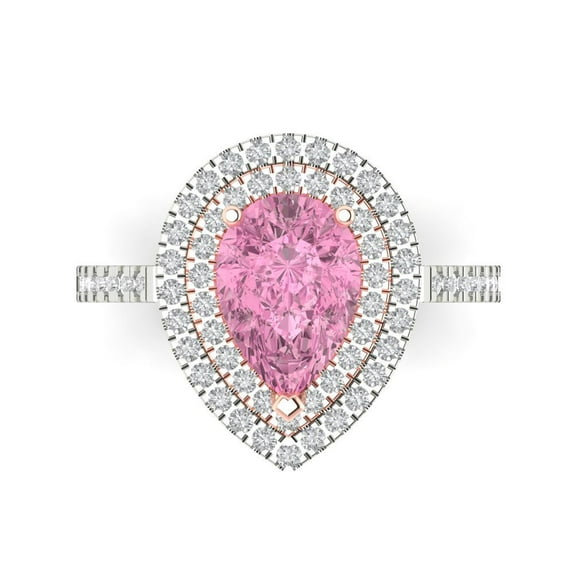 Clara Pucci 14K White/Rose Gold Solid Gold Pink Halo Anniversary Ring for Women - 2.48 cttw Pear Cut