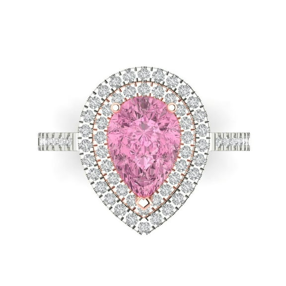 2.48 ctw with Simulated Diamond Halo Accents Anniversary Ring for Women | Pear Cut Simulated Pink Diamond | Hyperallergenic Solid 14K White/Rose Gold
