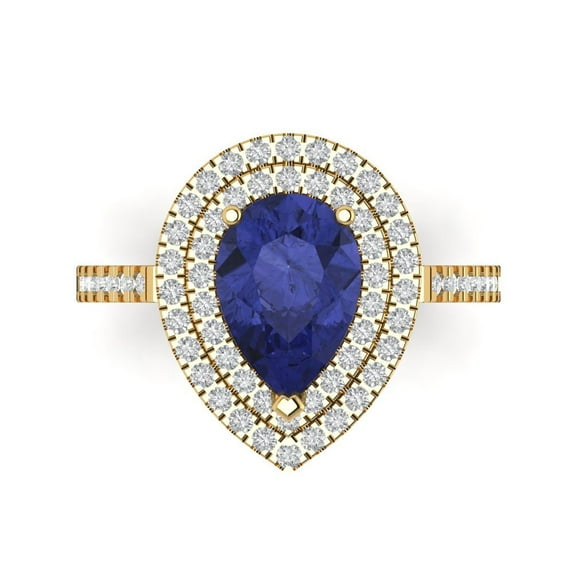 2.48 ctw with Simulated Diamond Halo Accents Anniversary Ring for Women | Pear Cut Simulated Tanzanite | Hyperallergenic Solid 14K Yellow Gold