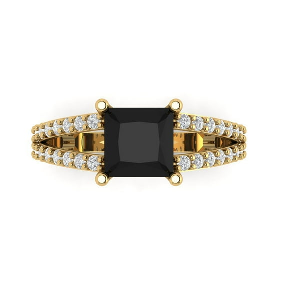 2.48ct Princess Cut Black Natural Onyx 14k Yellow Gold Engraving Statement Bridal Wedding Designer Ring Size 4