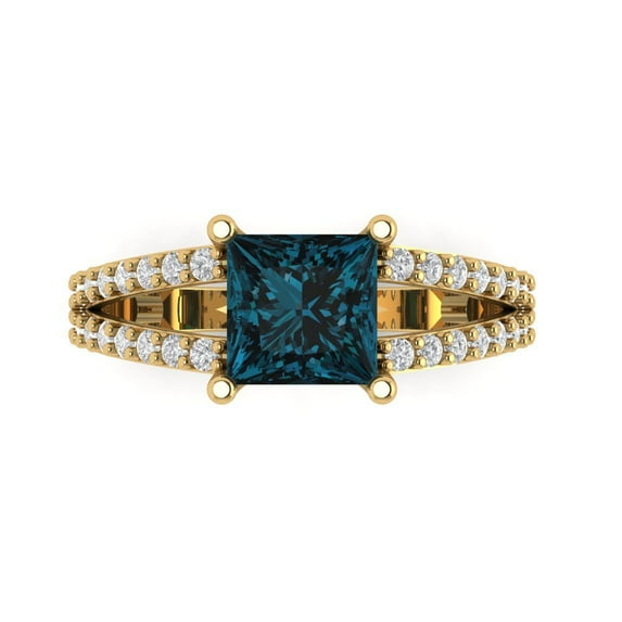 2.48ct Princess Cut Blue Natural London Blue Topaz 18k Yellow Gold Engraving Statement Bridal Wedding Designer Ring Size 9.5