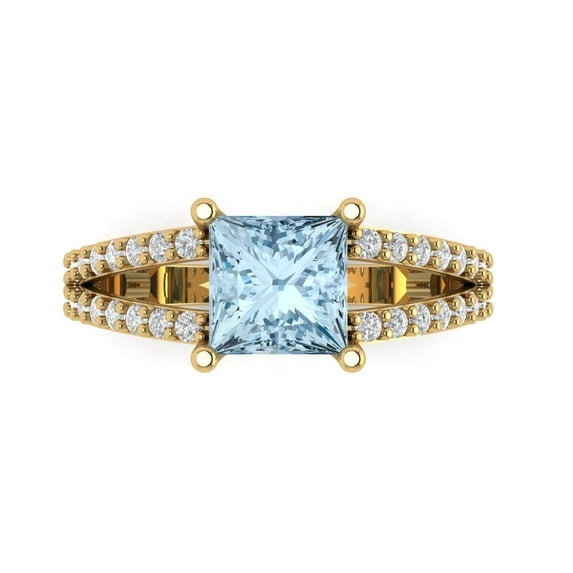 2.48ct Princess Cut Blue Natural Sky Blue Topaz 18k Yellow Gold Engraving Statement Bridal Wedding Designer Ring Size 4.5