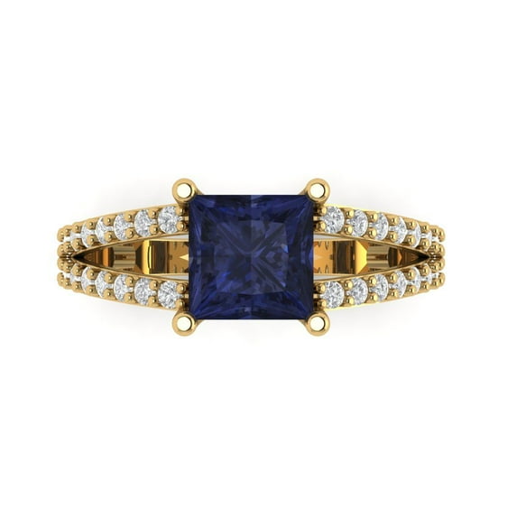 2.48ct Princess Cut Blue Sapphire 18k Yellow Gold Engraving Statement Bridal Wedding Designer Ring Size 6