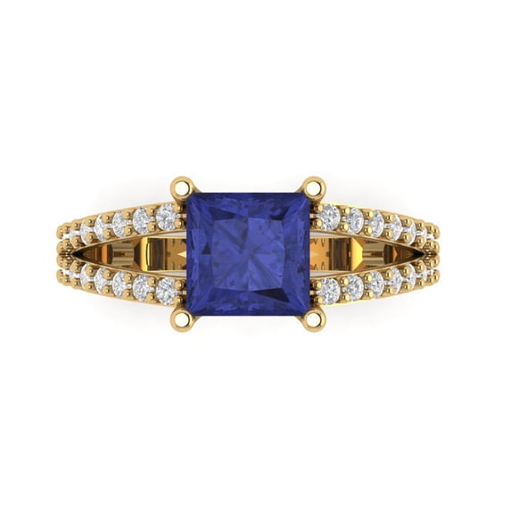2.48ct Princess Cut Blue Tanzanite 14k Yellow Gold Engraving Statement Bridal Wedding Designer Ring Size 4