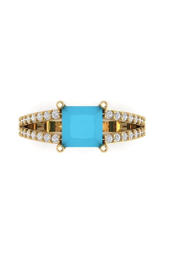 2.48ct Princess Cut Blue Turquoise 18k Yellow Gold Engraving Statement Bridal Wedding Designer Ring Size 10