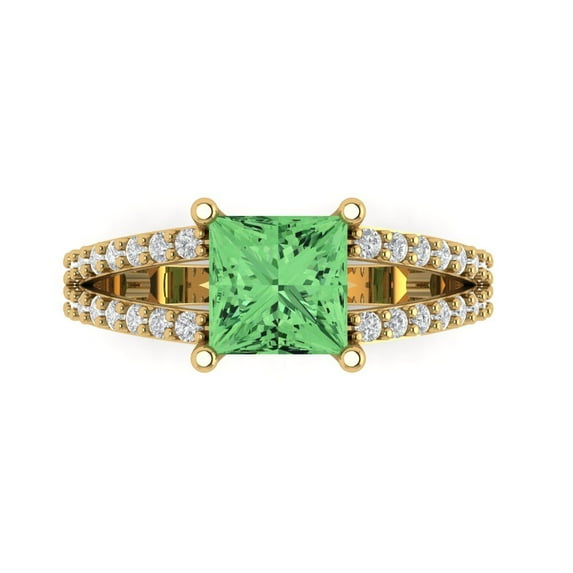 2.48ct Princess Cut Green Crystal 18k Yellow Gold Engraving Statement Bridal Wedding Designer Ring Size 10