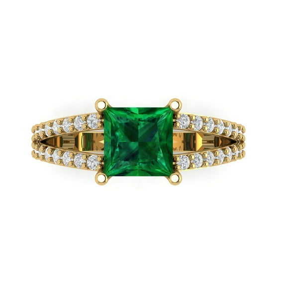2.48ct Princess Cut Precious Gemstone Green Emerald Real 18k Yellow Gold Robotic Laser Engraving Everlasting Unique Art Deco Statement Bridal Wedding Designer Ring Size 3.5