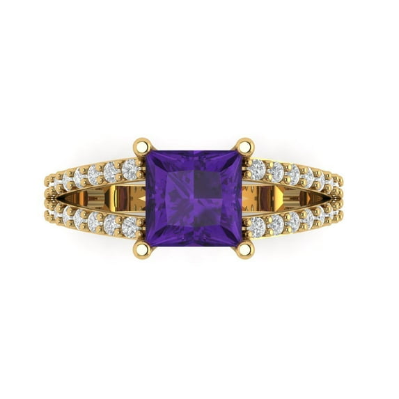 2.48ct Princess Cut Purple Natural Amethyst 14k Yellow Gold Engraving Statement Bridal Wedding Designer Ring Size 4.5
