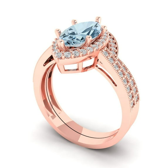 2.48ct brilliant marquise cut blue Zircon 14k rose gold halo solitaire with accents wedding Engagement Bridal Wedding Ring Band Set ring band set size 4.5