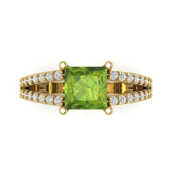 Clara Pucci 14K Yellow Gold Solid Gold Peridot Solitaire with Accents Anniversary Ring for Women - 2.48 cttw Princess Cut