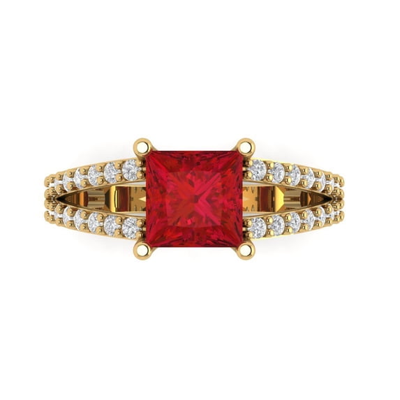 Clara Pucci 14K Yellow Gold Solid Gold Ruby Solitaire with Accents Anniversary Ring for Women - 2.48 cttw Princess Cut
