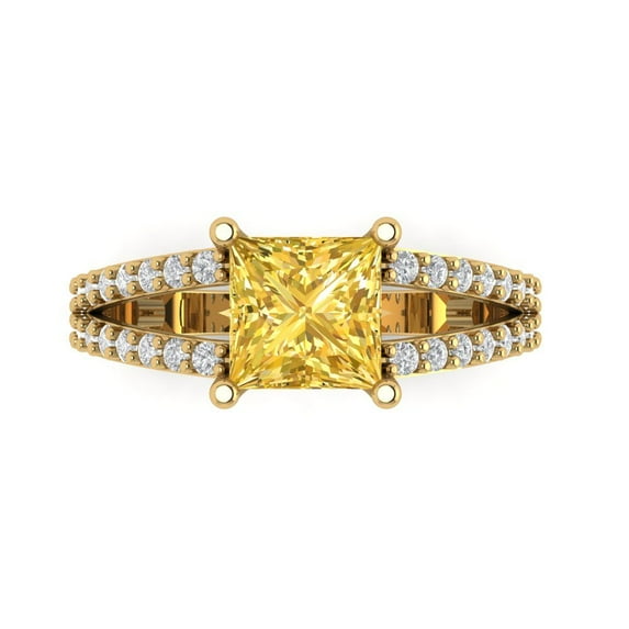 Clara Pucci 14K Yellow Gold Solid Gold Yellow Solitaire with Accents Anniversary Ring for Women - 2.48 cttw Princess Cut