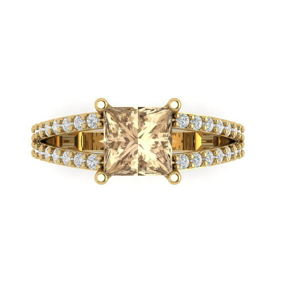 Clara Pucci 14K Yellow Gold Solid Gold YellowMoissanite Solitaire with Accents Anniversary Ring for Women - 2.48 cttw Princess Cut