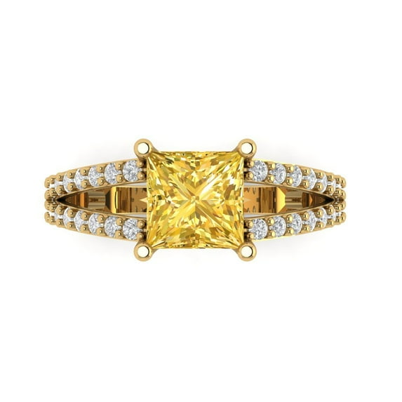 Clara Pucci 14K Yellow Gold Solid Gold Citrine Solitaire with Accents Anniversary Ring for Women - 2.48 cttw Princess Cut