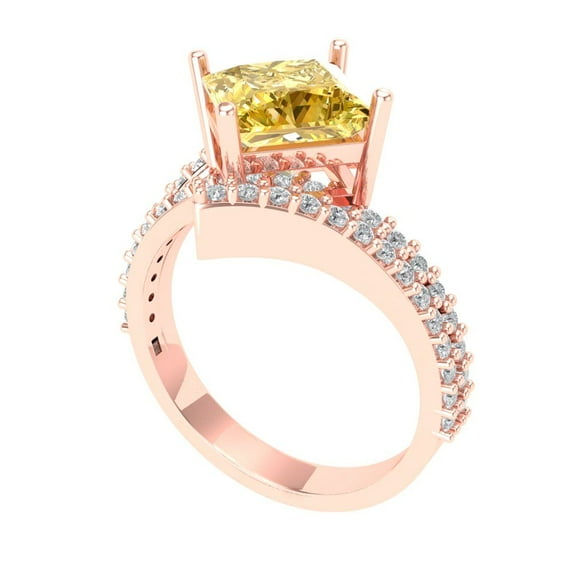 2.49 ct Brilliant Princess Cut Natural Citrine 14k Rose Gold Solitaire with Accents Bridal Wedding Engagement Promise Anniversary Ring for Women size 5.75