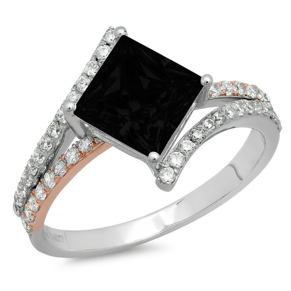 2.3075 ct Princess Cut Natural Onyx Solitaire with Simulated Diamond Accents 18K White/Rose Gold Womens Engagement Ring
