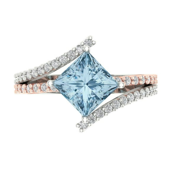 2.3075 ct Princess Cut Simulated Blue Diamond Solitaire with Simulated Diamond Accents 18K White/Rose Gold Womens Engagement Ring
