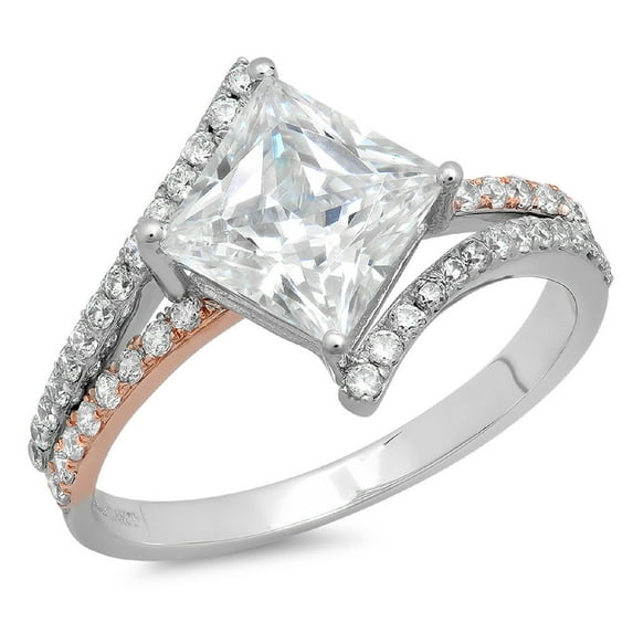 2.3075 ct Princess Cut Moissanite Solitaire with Simulated Diamond Accents 14K White/Rose Gold Womens Engagement Ring