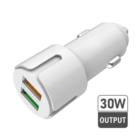 2.4A Car Charger Adapter QC 3.0 Portable USB w/Fast Charge Technology & Dual Ports - Compatible w/Apple iPhone, Android, Tablet or Other USB Device - White