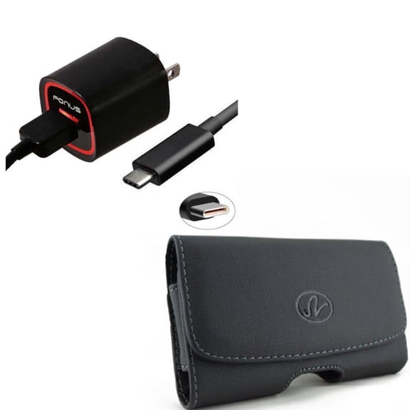 2.4A Home Charger w Leather Case Belt Clip for OnePlus 9 Phone - USB Cable TYPE-C 6ft, Swivel Holster Loops O4A for OnePlus 9