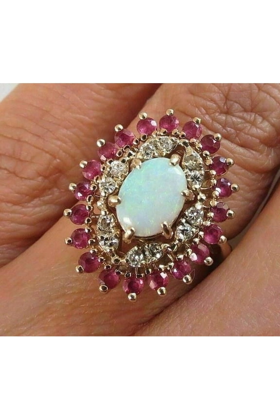 2.4Ct Oval Cut Fire Opal Ruby & Diamond Cocktail Ring 14K Yellow Gold Plated